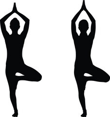 Fototapeta premium Yoga tree pose silhouettes of male and female practicing balance meditation for wellness, fitness, mindfulness, and healthy lifestyle concept