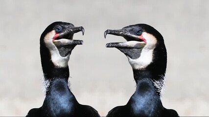 cormorants breathes heavily during the heat against a blurred background, slow motion