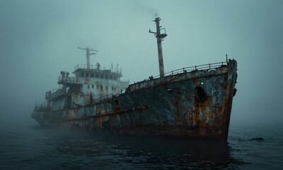 dense fog swirls around dimly lit abandoned shipwreck soft hues rising steam mist enveloping weathered wooden