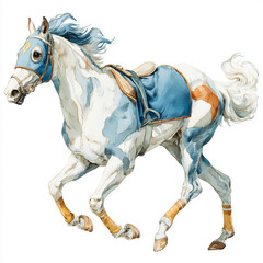 Horse in blue saddle and bridle galloping in vibrant motion with colorful markings in a low-key setting