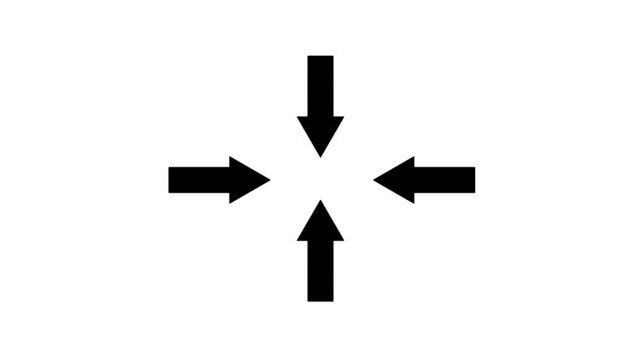 Black color up, down, left, and right directional and pointing solid arrow icon four side arrow direction sign animation white background.