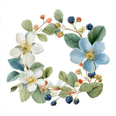 Floral arrangement featuring blue and white blossoms with berries and green leaves crafted in an artistic style