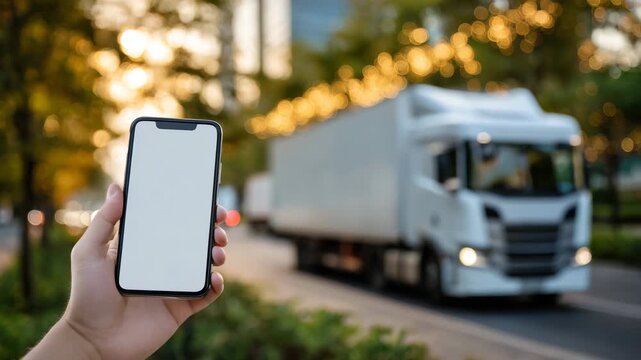 Hand gripping a mobile phone with a completely blank screen, with a massive white freight truck moving along a warm, golden-hour street behind it, bokeh lights symbolizing swift de
