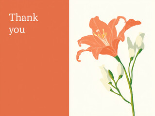 Thank you card with floral design featuring an orange lily and white buds on a pastel background