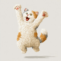 Joyful fluffy cat leaps in excitement, capturing the essence of playful energy in an animated style