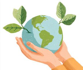 Hands gently holding a globe with green leaves, symbolizing care for the environment and sustainability efforts