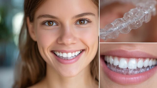 Happy woman demonstrating clear aligners near her mouth, flawless smile and bright teeth reflecting excellent dental care and whitening results in a crisp clinical background