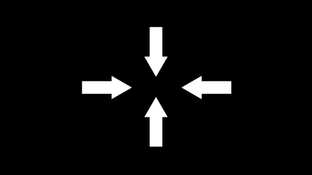 White color up, down, left, and right directional and pointing solid arrow icon four side arrow direction sign animation black background.