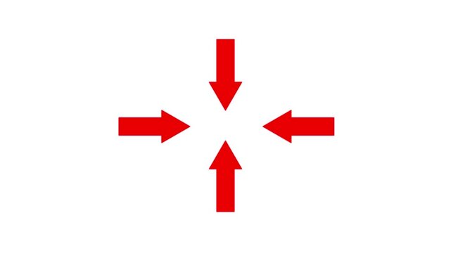 Red color up, down, left, and right directional and pointing solid arrow icon four side arrow direction sign animation white background.