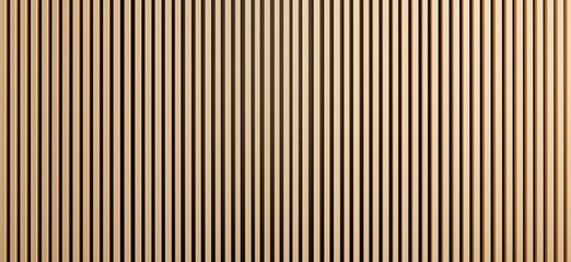 Obraz premium Wooden slatted wall acoustic panel background texture. Vertical wooden slats creating a minimalistic decorative and soundproofing wall panel