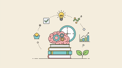 Illustration of a brain on top of books surrounded by educational symbols and growth icons