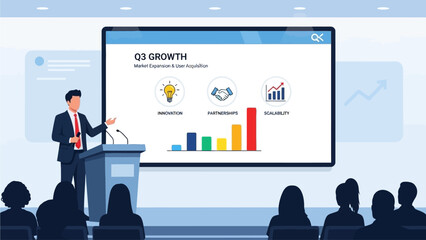Businessman presenting quarterly growth statistics to audience in a conference room with a large screen display