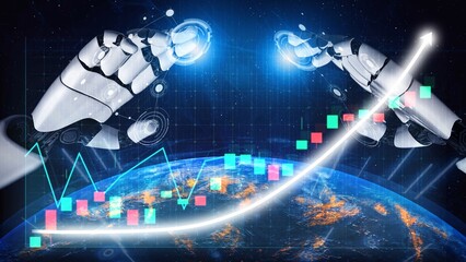 This image depicts robotic hands engaging with data analytics, emphasizing market trends and growth, set against a cosmic backdrop, showcasing innovative technology. Copula