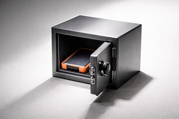 Secure storage solution showcasing a digital device within a robust safe highlighting technological confidence and modern security aesthetics
