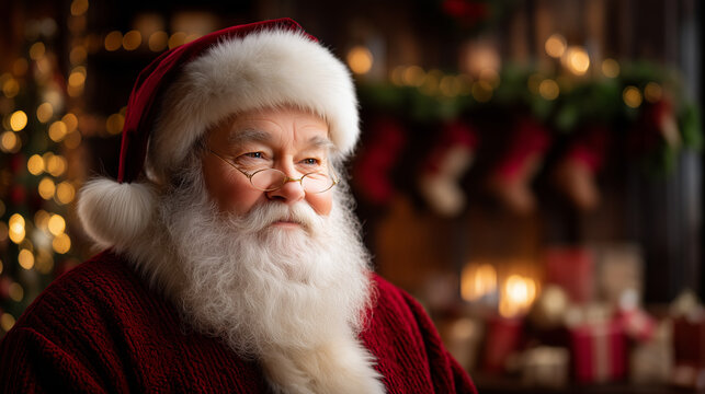 A warm and intimate Christmas portrait scene featuring Santa Claus standing indoors in a festively decorated room. Santa is portrayed as an elderly man with a long, curly white bea