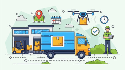Naklejka premium Delivery truck parked outside warehouse with packages being loaded and unloaded by forklift and drone in operation