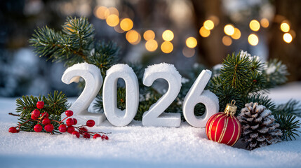 A serene and festive New Year winter scene featuring large white numbers "2026" standing upright on fresh, untouched snow. The numbers are lightly dusted with snow, giving them a f