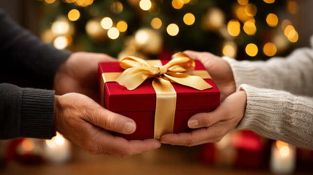 warm and intimate Christmas scene capturing the moment of gift exchange during holiday celebrations around the world. Two people are shown from the chest down, gently holding a bea