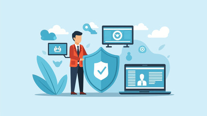 A person verifying online security measures on multiple devices with a shield icon in a digital environment from a neutral viewpoint