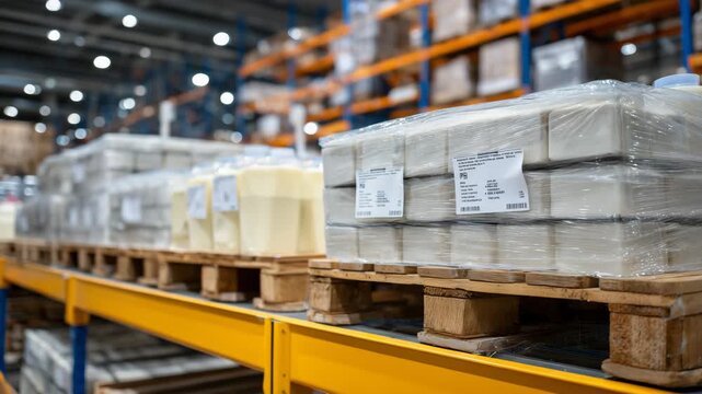 Industrial shelving with pallets of packaged dairy products, close-up highlighting arrangement and labeling