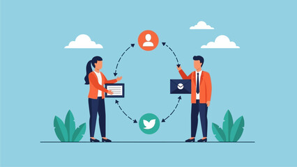 Two professionals exchanging digital information through social media platforms in a serene environment