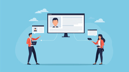 Fototapeta premium People interacting with digital profiles on a computer screen in a modern setting