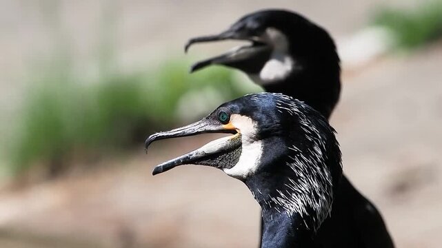 cormorant breathes heavily during the heat against a blurred background