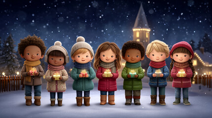 highly detailed, warm and charming illustrated winter scene depicting a group of cheerful children standing together outdoors on a snowy evening, symbolizing Christmas stories and
