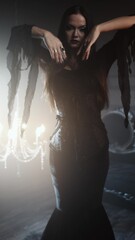 Gothic lady in black corset dress, dark makeup in luxurious gothic setting.