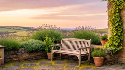Obraz premium A serene outdoor scene featuring a wooden bench surrounded by lush greenery and lavender, set against a picturesque landscape at sunset.
