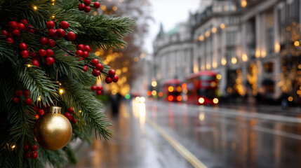 A highly detailed, photorealistic festive street scene capturing a Christmas garland with red berries and a golden ornament in sharp focus in the foreground, positioned on the righ