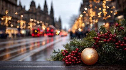 A highly detailed, photorealistic festive street scene capturing a Christmas garland with red berries and a golden ornament in sharp focus in the foreground, positioned on the righ