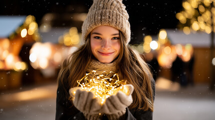 highly detailed, photorealistic lifestyle portrait capturing a young woman standing at a festive Christmas market during winter evening celebrations. The woman is positioned in the