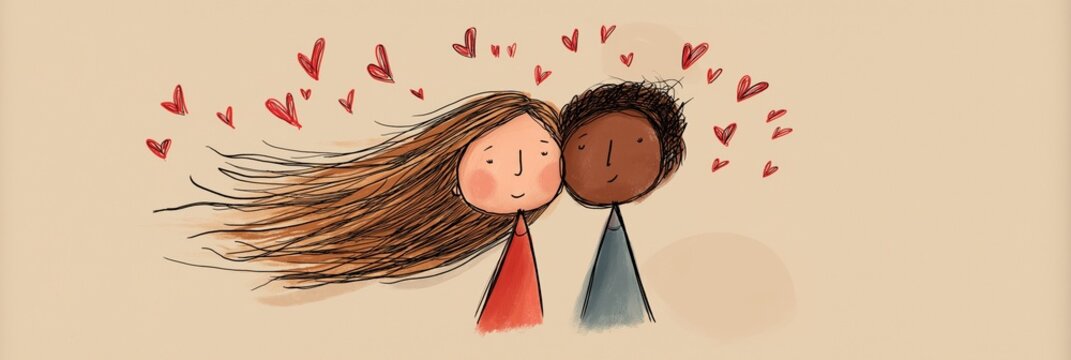 Happy cartoon couple showing love and affection. Smiling cartoon boy and girl with red hearts floating above them, depicting true love