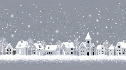 A highly detailed, clean, hand-drawn vector illustration depicting a seamless Christmas town panorama in a minimalist doodle style. A row of charming small houses stretches horizon