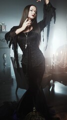 Gothic femme fatale portrait featuring a woman in black godet dress with corseted waist, long straight hair, and dramatic makeup in opulent dimly lit gothic surroundings.