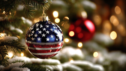 A highly detailed, photorealistic close-up Christmas scene featuring a glossy glass Christmas tree ornament designed with the American flag pattern, hanging prominently from a snow