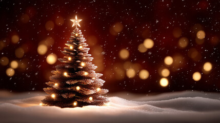 A highly detailed, photorealistic festive still life scene featuring a small decorative Christmas tree glowing softly against a deep red background. The tree is crafted in a minima