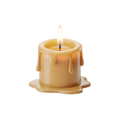 A solitary, warm beige candle with its wax beautifully melting and dripping down its sides onto a small puddle, casts a gentle, steady flame against an entirely black background.
