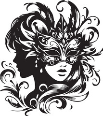 Vector illustration of a glamorous lady with a black and white winged mask and floral tattoo design featuring long hair, nature patterns, and line art silhouette for a fashion sketch
