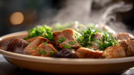 Steaming Culinary Delights: A close-up shot of a tantalizing dish showcasing a rich arrangement of culinary elements and flavors.