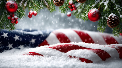 A highly detailed, photorealistic festive flat-lay composition featuring the American flag partially covered in fresh white snow, positioned in the lower right portion of the frame