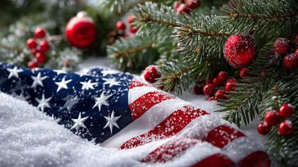 A highly detailed, photorealistic festive flat-lay composition featuring the American flag partially covered in fresh white snow, positioned in the lower right portion of the frame