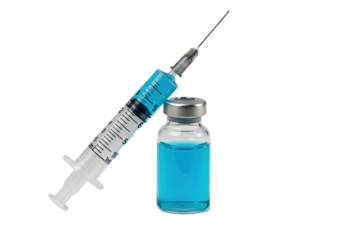 A sterile medical syringe with a sharp needle and blue liquid, leaning on a glass vaccine vial on a transparent background with copy space. Concept of vaccination and healthcare