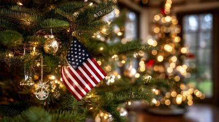 A highly detailed, photorealistic festive interior scene featuring a small American flag displayed prominently among the branches of a richly decorated Christmas tree. The flag is