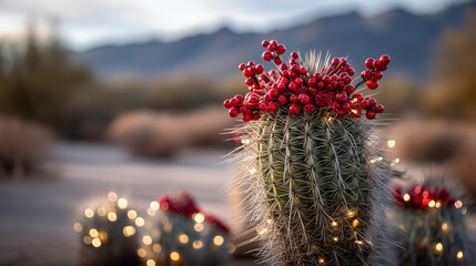 A unique desert Christmas scene featuring a barrel cactus standing upright in the foreground, creatively decorated with bright red berries arranged like festive ornaments at the to