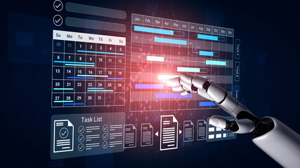 A robotic hand interacts with a futuristic digital calendar and task management interface,...