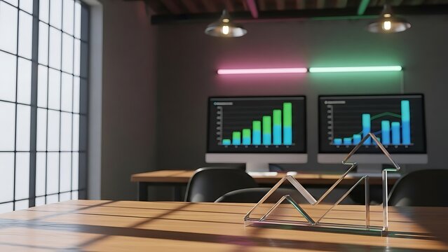 Modern office workspace with data analytics on dual screens and a stylish arrow paperweight on a wooden table. - Powered by Adobe