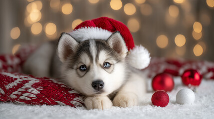 A heart-melting winter holiday scene featuring a young husky puppy lying calmly on a soft bed of fresh white snow, wearing a classic red Santa hat with fluffy white trim and pom-po