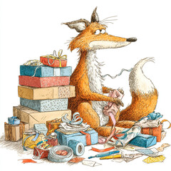 Fox unwrapping gifts in a cozy room surrounded by colorful presents and festive decorations during the holiday season